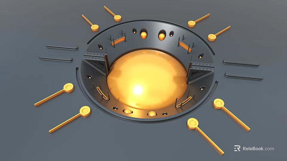 Art Installation With Golden Sphere Black Circular Frame And Golden Rods 3d model 