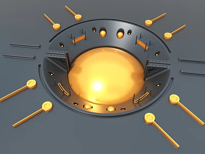 Art Installation With Golden Sphere Black Circular Frame And Golden Rods 3d model