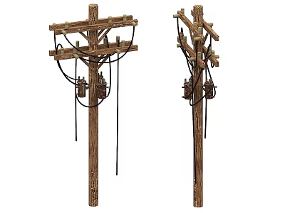 Industrial Equipment Wooden Utility Poles With Crossarms Insulators And Electrical Wires 3d model