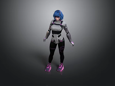 Blue Haired Female Character In Futuristic Armored Suit With Purple Pink Shoes And Tech Design 3d model