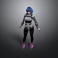 Blue Haired Female Character In Futuristic Armored Suit With Purple Pink Shoes And Tech Design