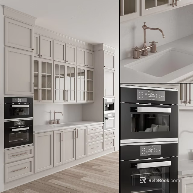 White Kitchen Cabinets Design With Glass Doors Drawers And Black Oven Appliances 3d model 