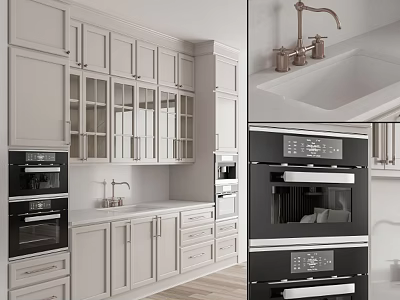 White Kitchen Cabinets Design With Glass Doors Drawers And Black Oven Appliances 3d model
