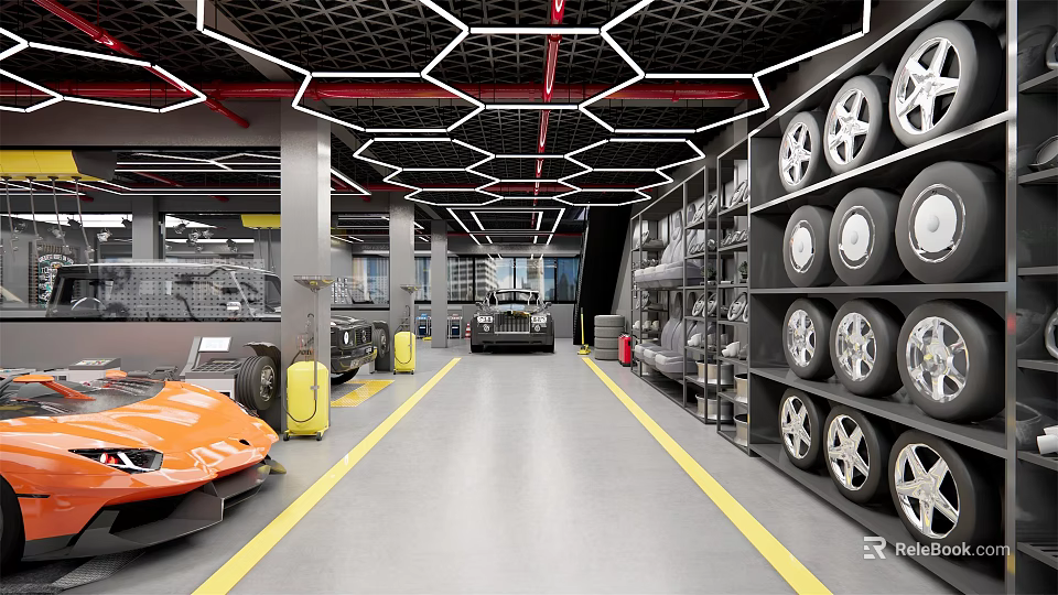 4S Dealership Car Service Garage Interior With Orange Sports Car Tire Racks And Yellow Lines 3d model 