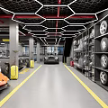 4S Dealership Car Service Garage Interior With Orange Sports Car Tire Racks And Yellow Lines