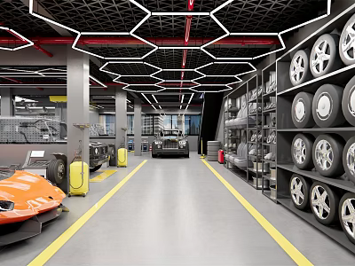 4S Dealership Car Service Garage Interior With Orange Sports Car Tire Racks And Yellow Lines 3d model