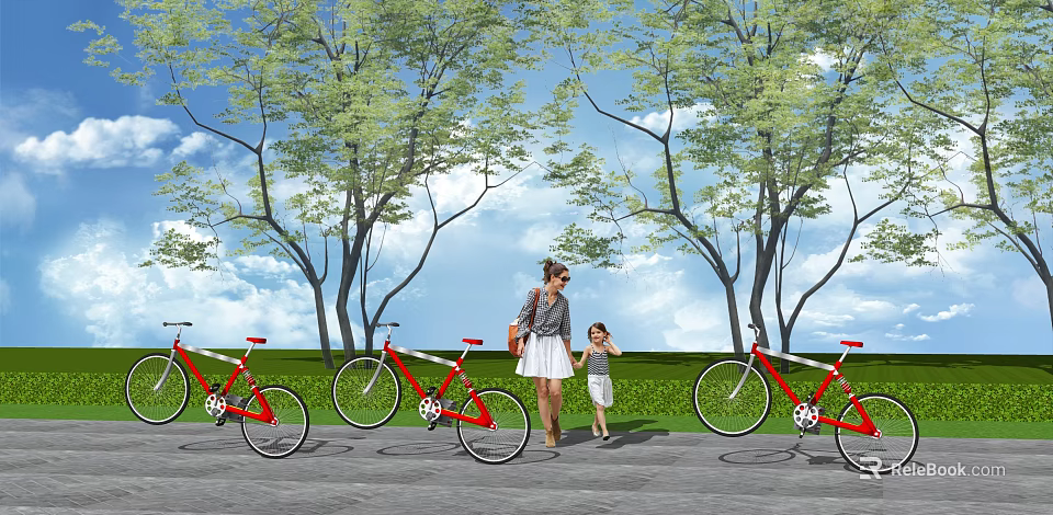 Red Bicycles Parked Outdoor With Trees Grass And Woman Child Walking Nearby 3d model 
