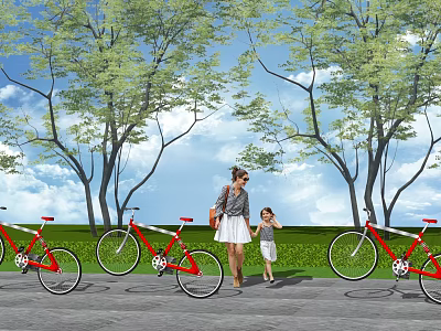 Red Bicycles Parked Outdoor With Trees Grass And Woman Child Walking Nearby 3d model