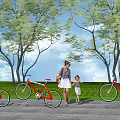 Red Bicycles Parked Outdoor With Trees Grass And Woman Child Walking Nearby