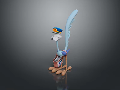 Animated Cartoon Bird Character With Long Blue Feather Hat And Shoes 3d model