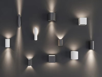 Modern Wall Lamps With Various Shapes And Lighting Effects On Dark Wall 3d model