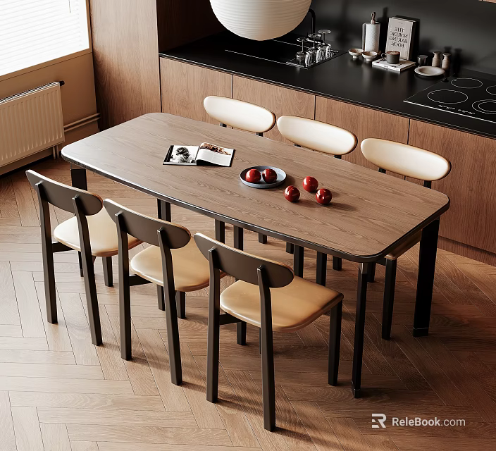 Elegant Modern Kitchen Wooden Table With Four Chairs And Red Apples 3d model 