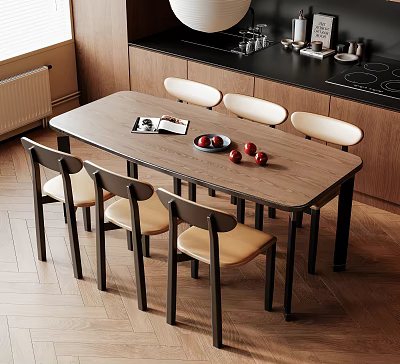 Elegant Modern Kitchen Wooden Table With Four Chairs And Red Apples 3d model