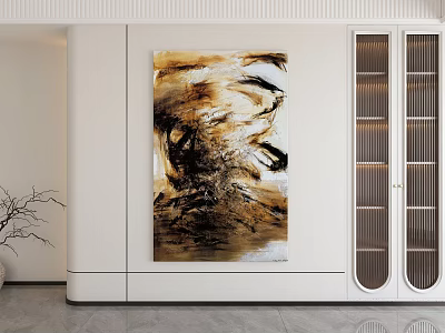 Modern Abstract Painting With Gold Brown Tones On White Wall Interior Near Glass Door Cabinet 3d model