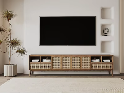 Wooden TV Stand with Rattan Doors and Storage Shelves Under Wall Mounted TV 3d model