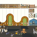 Vibrant Kindergarten Classroom With Bookshelves Toys Small Tables Chairs And Arched Storage