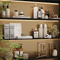 Elegant Daily Washing Essentials Arrangement with Bottles Towels and Potted Plants on Shelves