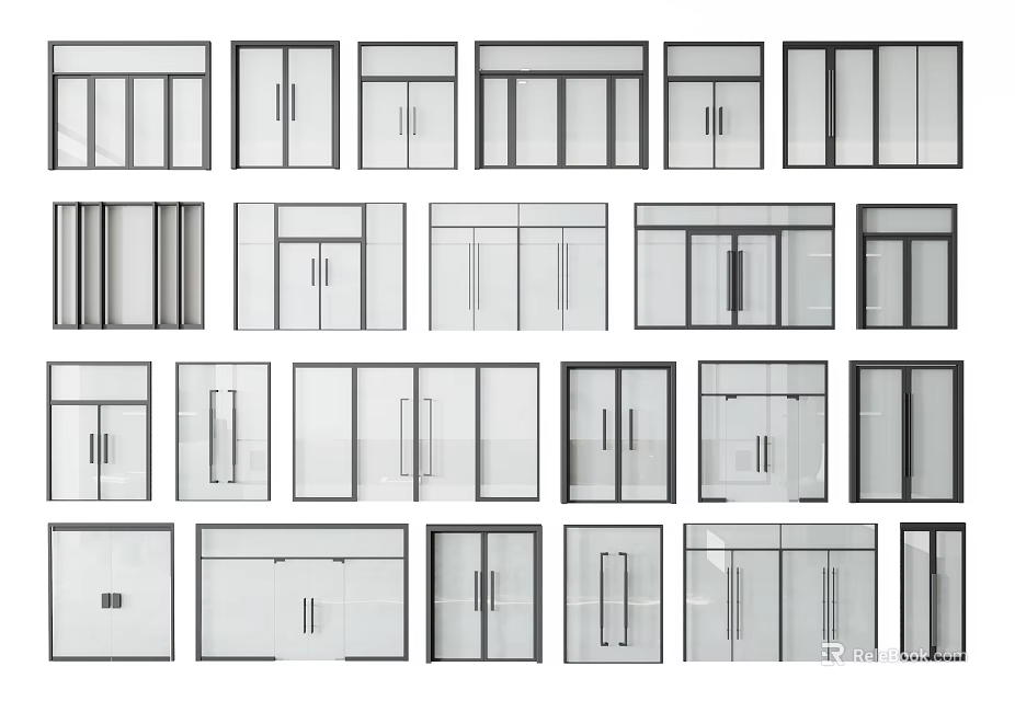 Various Double Doors Styles Featuring Glass Inserts and Modern Frame Designs 3d model