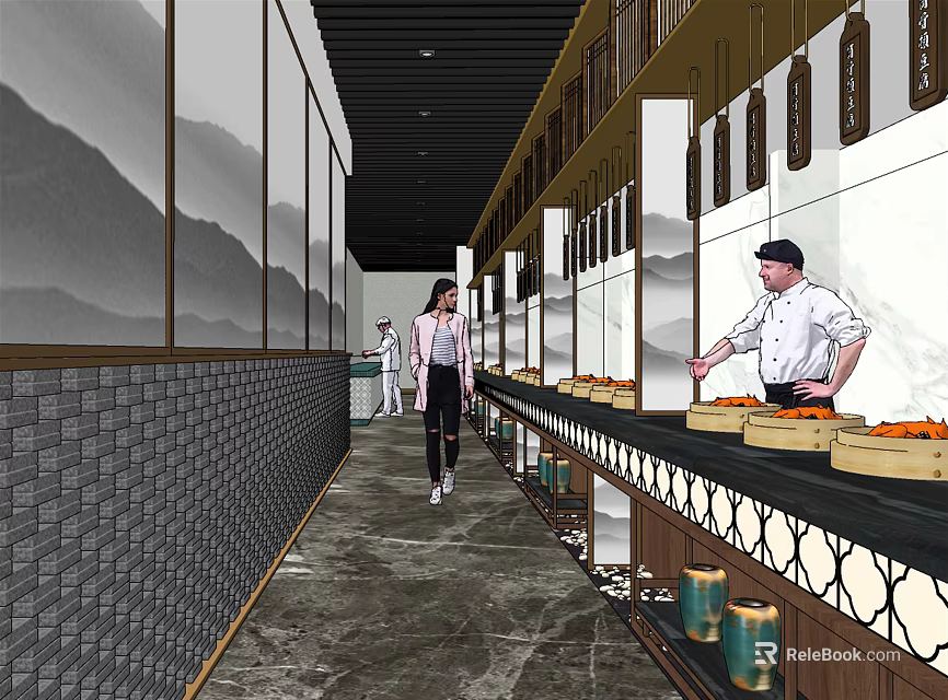 Traditional Chinese Restaurant Interior With Mountain Paintings Brick Walls And Chef Serving Customers 3d model 