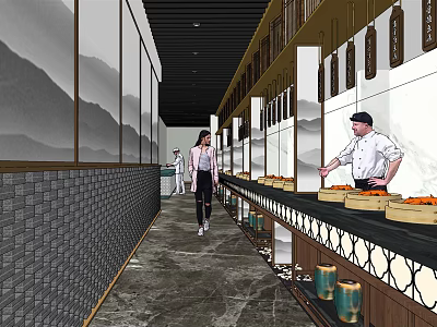Traditional Chinese Restaurant Interior With Mountain Paintings Brick Walls And Chef Serving Customers 3d model