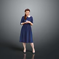 Woman in Dark Blue Dress With White Collar Braided Hair Holding Cup Against Gray Background