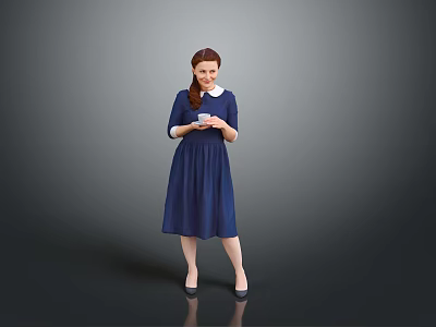 Woman in Dark Blue Dress With White Collar Braided Hair Holding Cup Against Gray Background 3d model