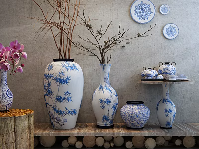 Blue and White Bamboo Pattern Vases with Purple Orchids in Decorative 3d model