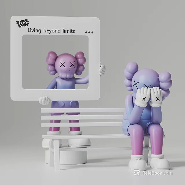 Trendy Pop Culture Sculptures with X Eyes Pink Purple Standing Sitting Bench Design 3d model 