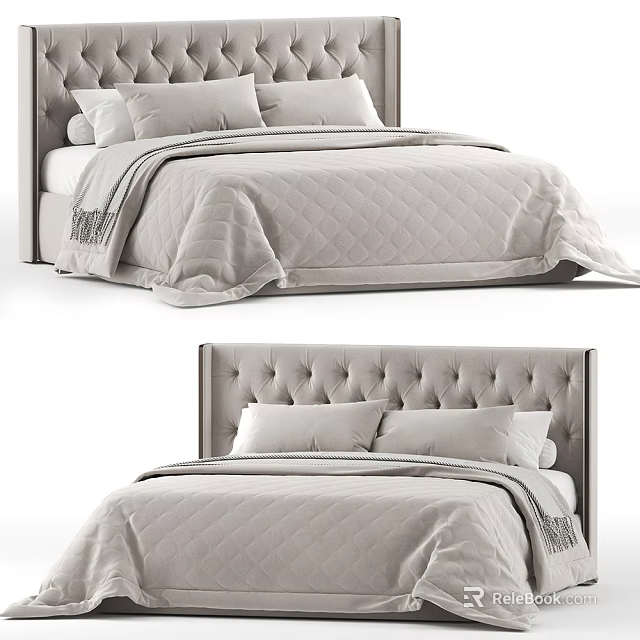 Modern Double Bed With Tufted Headboard Quilted Bedspread And Decorative Pillows 3d model 