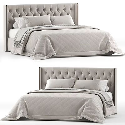 Modern Double Bed With Tufted Headboard Quilted Bedspread And Decorative Pillows 3d model