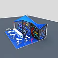 Modern Blue Exhibition Booth With Tent Design Display Screens And Tables 3d model