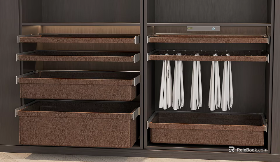 Dark Colored Storage Cabinet Rack with Multiple Drawers Hooks and White Towels 3d model