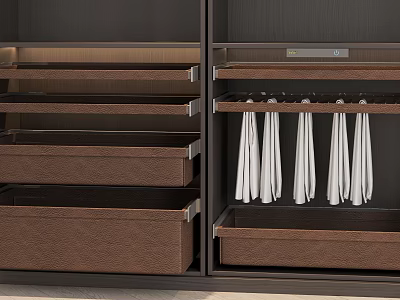 Dark Colored Storage Cabinet Rack with Multiple Drawers Hooks and White Towels 3d model