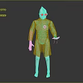 Futuristic Humanoid Robot Character With Green Suit Silver Helmet And Circular Chest Device