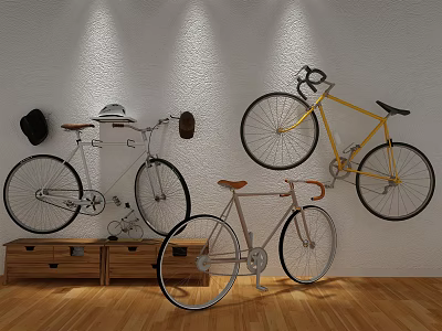 Vintage Bicycles Hanging On White Wall And Placed On Wooden Floor With Cabinets 3d model
