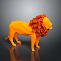 Orange And Red Origami Style Lion With Mane On Dark Reflective Background