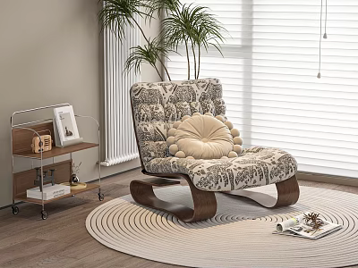 Patterned Rocking Sofa Chair with Shelved Coffee Table on Circular Rug and Plants by Window 3d model