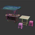 Outdoor Mobile Food Cart With Blue Canopy White Table And Pink Stools