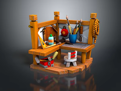 Wooden Kids Workbench Furniture with Tools Paint Brushes Small Chair and Storage 3d model
