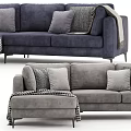 Gray and Navy Blue Sectional Sofas with Pillows Throw Blanket and Ottoman 3d model