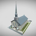 Stone Church Exterior With Gothic Windows Gray Roof Bell Tower And Landscaped Greenery