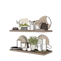Stylish Dinnerware Set With Ceramic Plates Cups Teapot Glassware And Utensils On Wooden Shelf