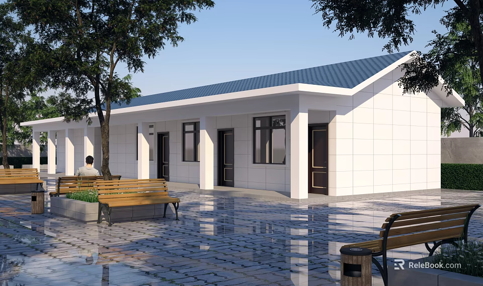 White Wall Blue Roof Detached Villa Exterior With Trees Benches And Paved Courtyard 3d model 