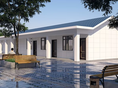 White Wall Blue Roof Detached Villa Exterior With Trees Benches And Paved Courtyard 3d model