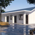 White Wall Blue Roof Detached Villa Exterior With Trees Benches And Paved Courtyard