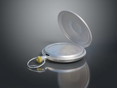 Silver Pocket Watch With Open Lid And Detailed Dial And Chain Ring 3d model
