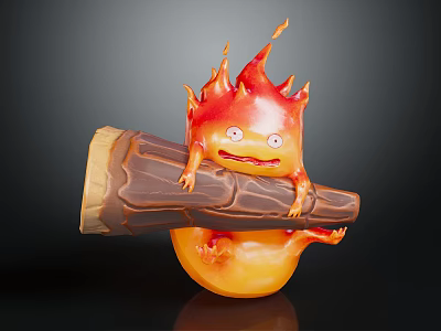 Cute Orange Red Flame Creature Holding Wooden Log 3D Model With Expressive Eyes 3d model