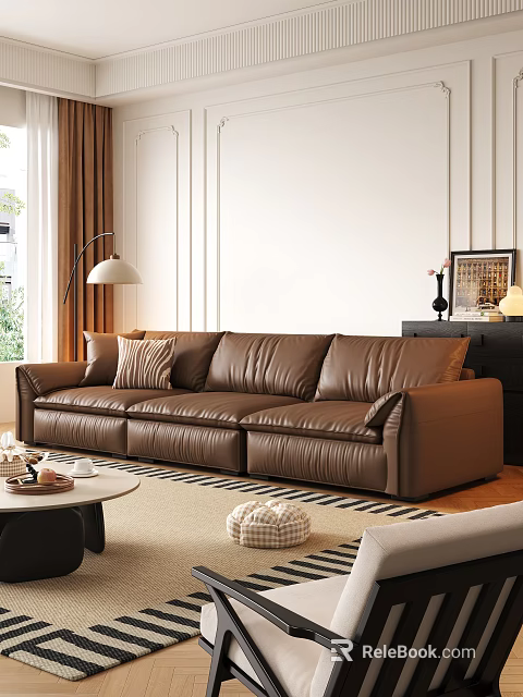 Modern Living Room Interior Design With Brown Leather Sofa Floor Lamp Coffee Table And Rug 3d model 