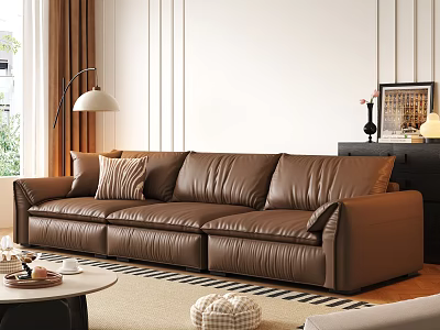 Modern Living Room Interior Design With Brown Leather Sofa Floor Lamp Coffee Table And Rug 3d model
