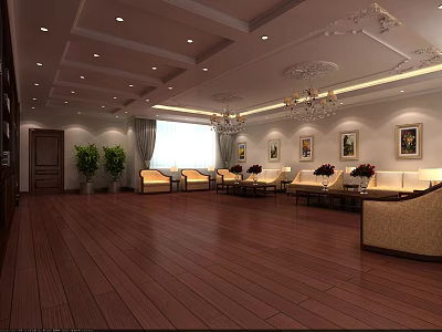 Spacious Conference Room Interior With Wooden Flooring Chandeliers Sofas And Decorative Paintings 3d model